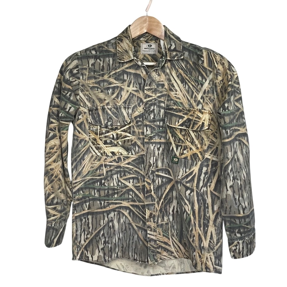 VTG 90s Mossy Oak Original Shadow Grass Camo Shirt Mens M Button Lg Sleeve *READ